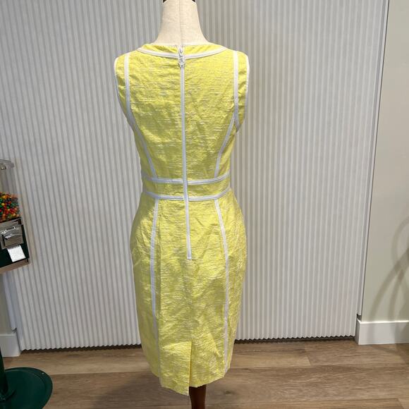 CALVIN KLEIN Women's Yellow Brocade Sheath Dress with White Piping Size 4 - Picture 2 of 7